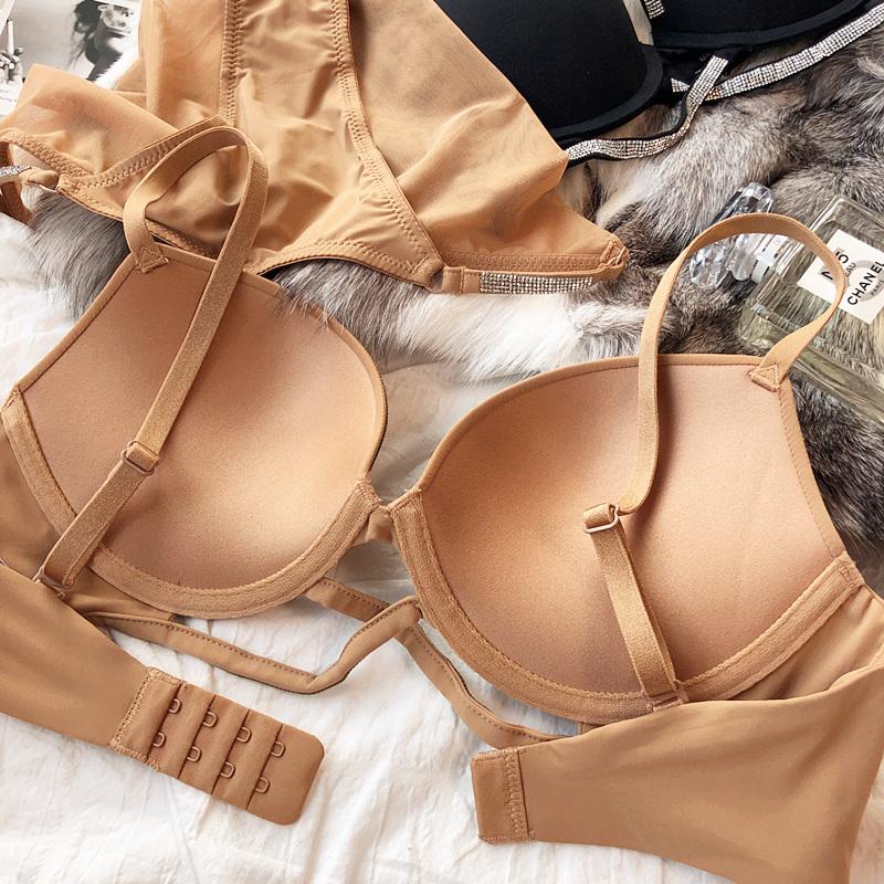 Sexy Women Underwear Set Cross Hollow Bra Fashion Rhinestones Cup Solid Color Push Up Brassiere Deep V Lingerie 2 Pieces Set