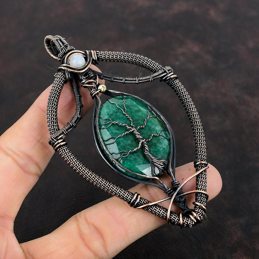 Древо жизни ограненный замбийский изумруд кулон медная проволока обернутый кулон лунный камень ручной работы медные украшения для подарка драгоценный камень кулон