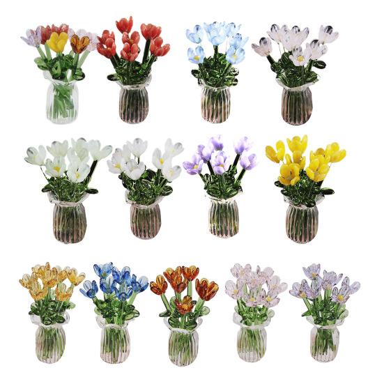 Glass Flower Bouquet with Vase Hand-Blown Mini Flower Decoration Home Living Room Handmade Simulation Floral Ornament with