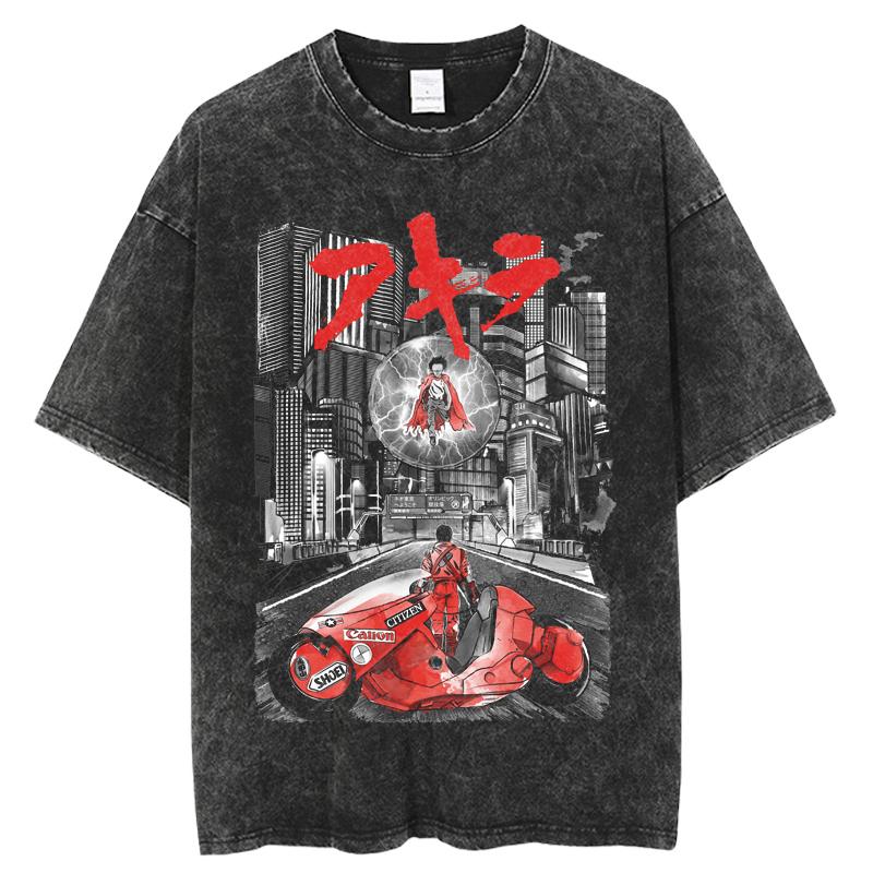 Vintage Wash T-shirt Do Old Japanese Anime Akira Street Y2k Short Sleeve Harajuku Polyester Neutral Top Fashion Round Neck T-shirt