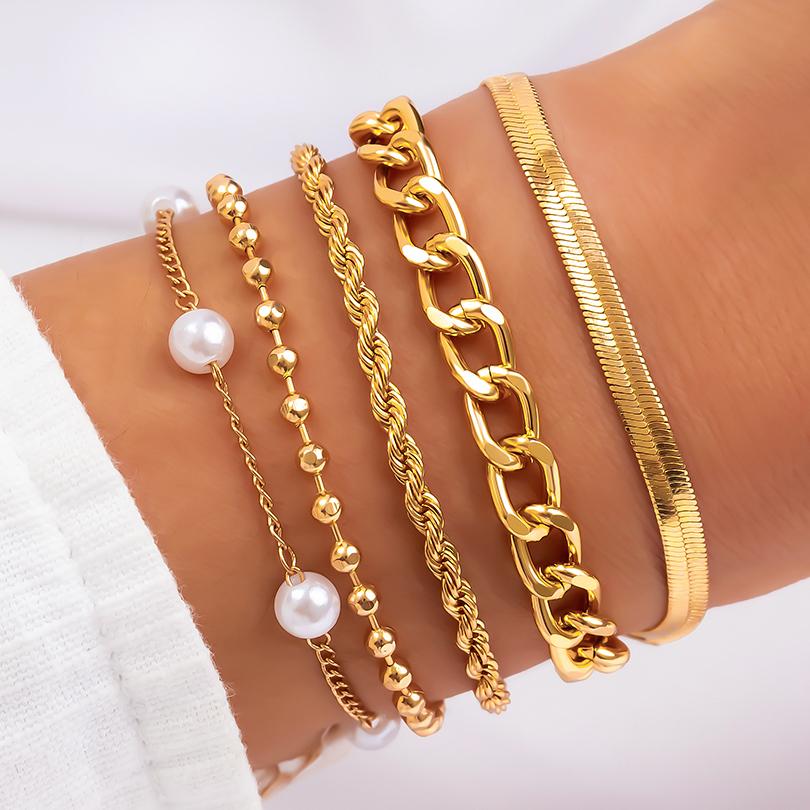 Ingemark Boho Imitation Pearl Chain Coin Pendant Bracelets Set for Women on Hand Vintage Snake Link Bangles Couple Wrist Jewelry