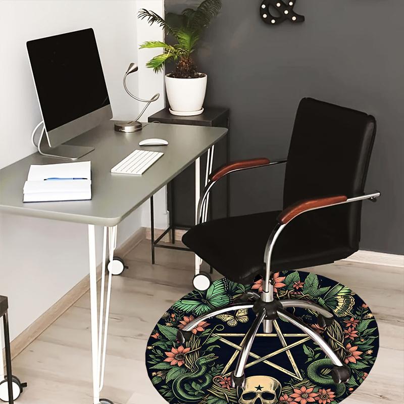 1pc Office Carpet Chair Mats Pentagram with Skull, Butterflies, and Floral Wreath Perfect for Decorating Office Chairs, Living Rooms, Or Bedrooms.YDT0