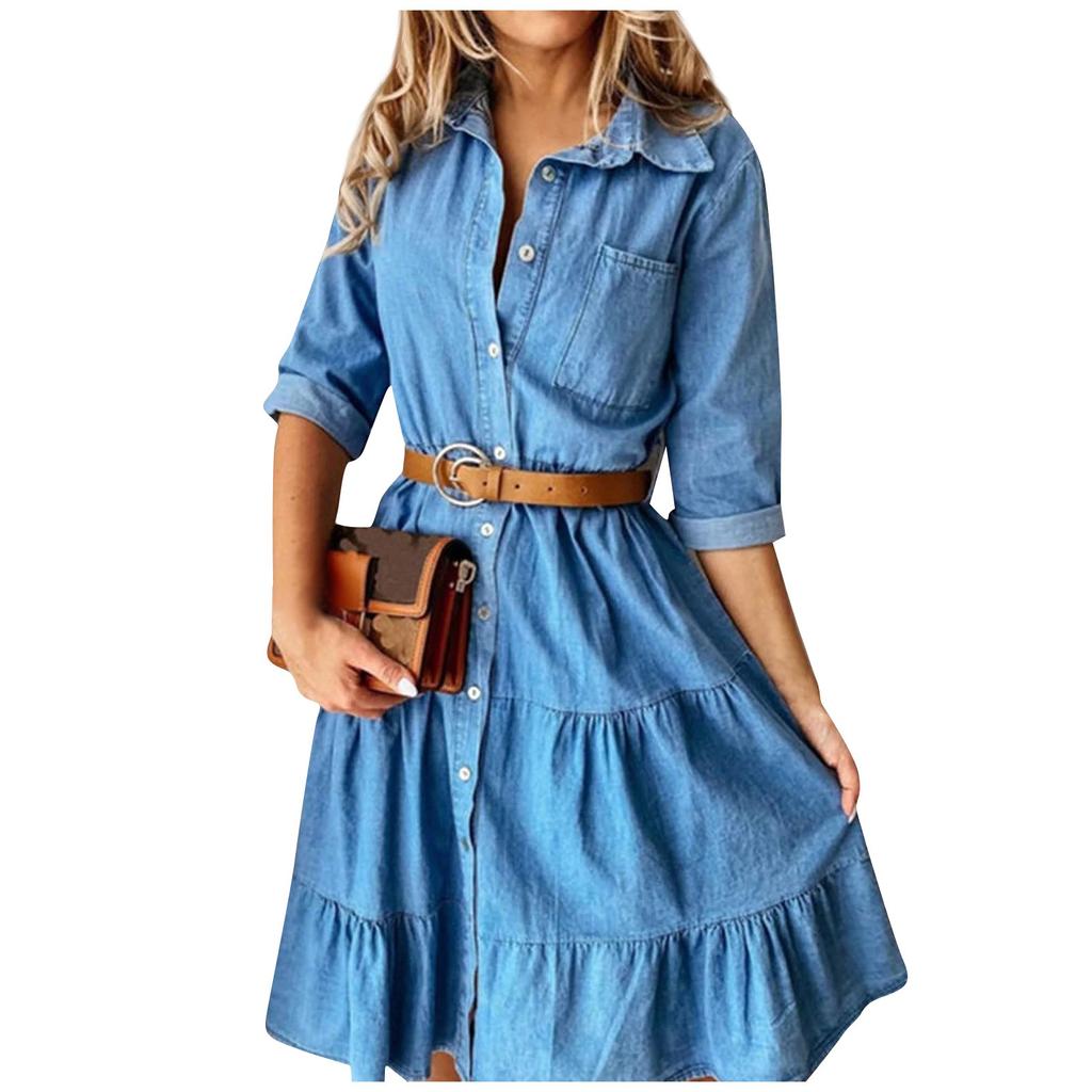 Womens Fashion Collared Swing Sundress Buttons Denim Shirt Dress
