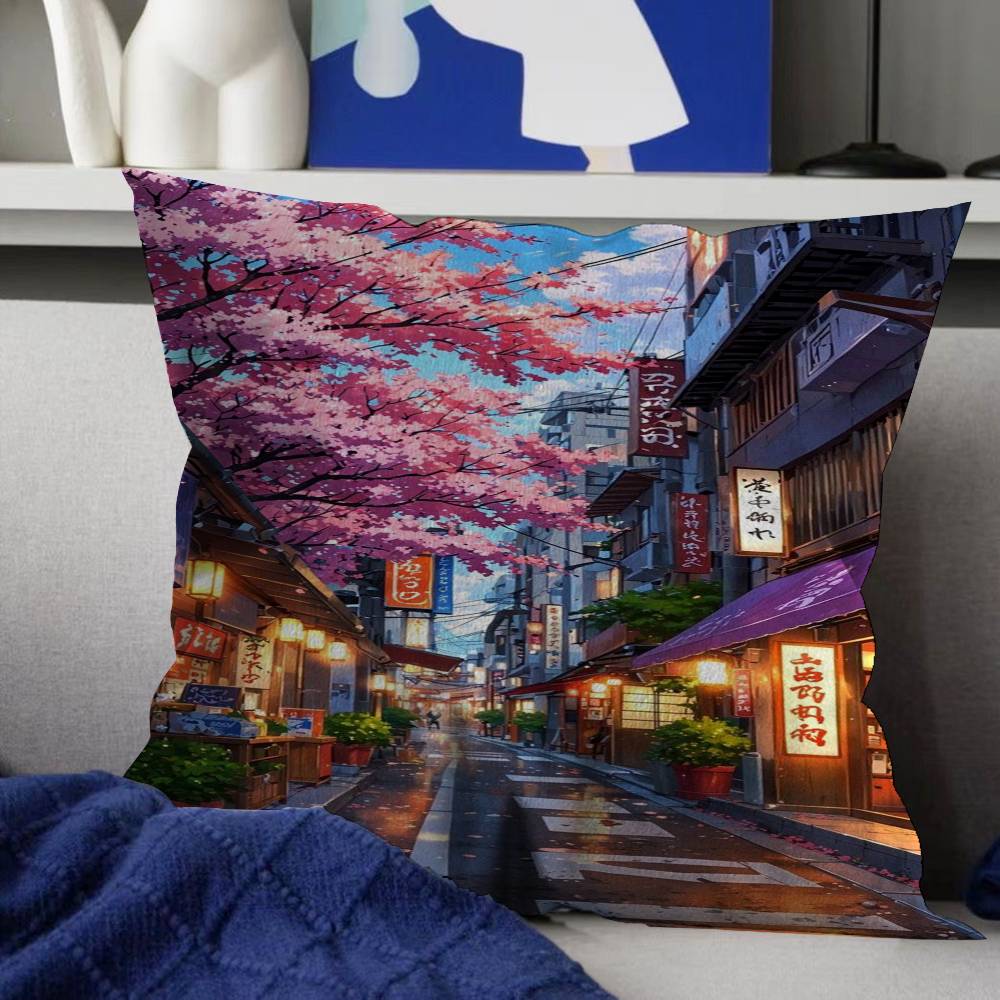 Manga Style Japanese Street Landscape Pillow Cushion Cover Pillowcase Living Room Sofa Home Decor Customized