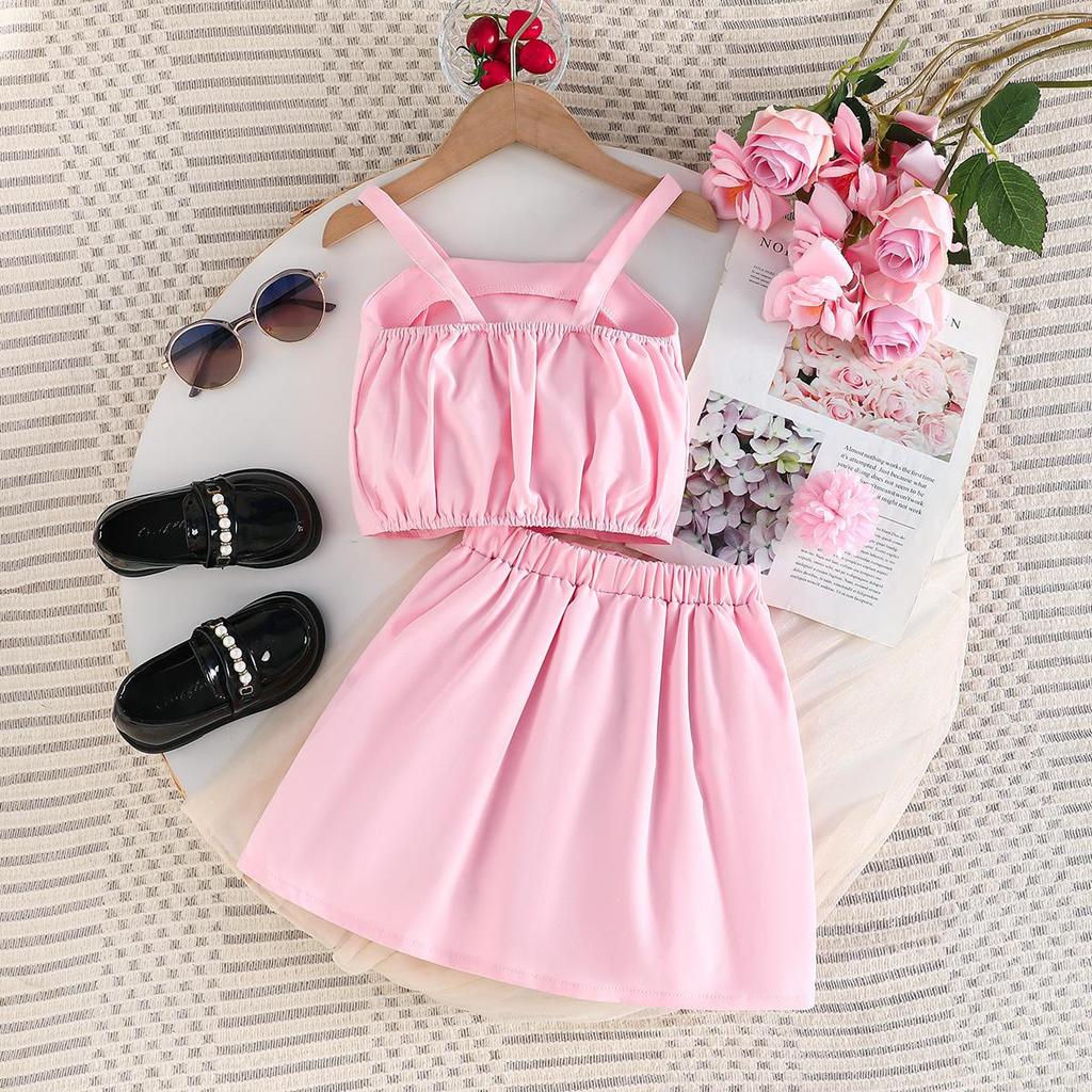 2PCS Girls 3D Flower Beaded Cami Top & Button Skirt Set, Casual Summer Two-Piece Outfit