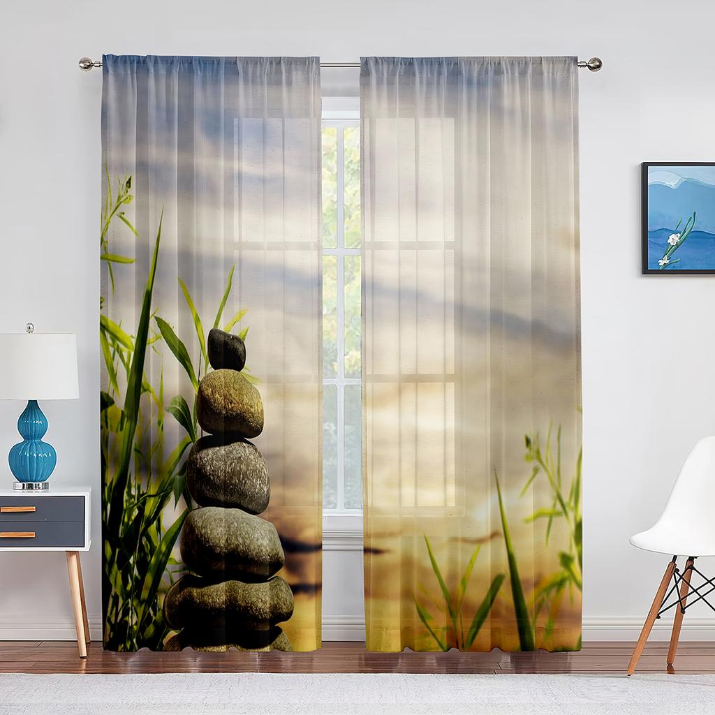 Zen Spa Green Bamboo Black Stone Flower Sheer Curtains for Living Room Bedroom Decorations Window Voiles Tulle Curtain Drapes