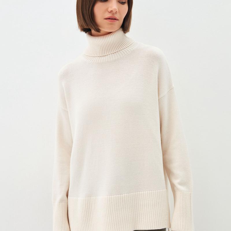 Женский осенне-зимний трикотаж с высоким воротом, свободный однотонный свитер с длинными рукавами