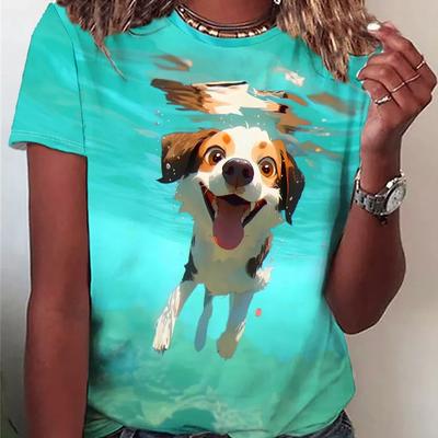 Футболка с круглым вырезом и принтом собаки для плавания, повседневный топ с короткими рукавами для весенне-летней женской одежды