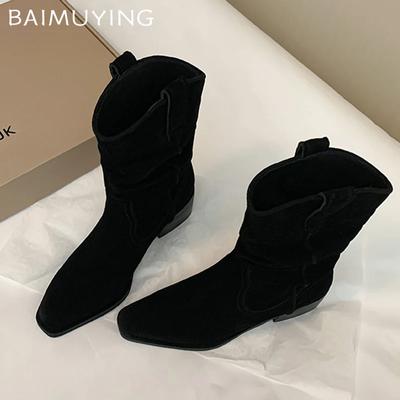 Женские зимние ботинки с острым носком и средней высотой голени на среднем каблуке, дизайнерские ботинки челси, замшевые толстые зимние туфли 2024 года, трендовые готические ботинки для женщин