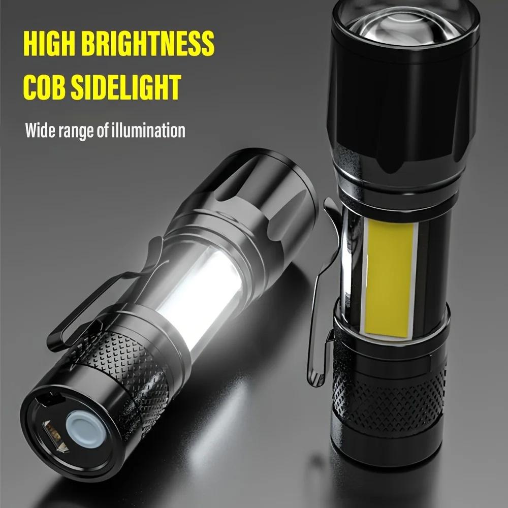 Mini LED Flashlight COB+XPE Portable Torch USB Charging Camping Lantern Zoomable Focus Light Tactical Flashlight with Pen Clip