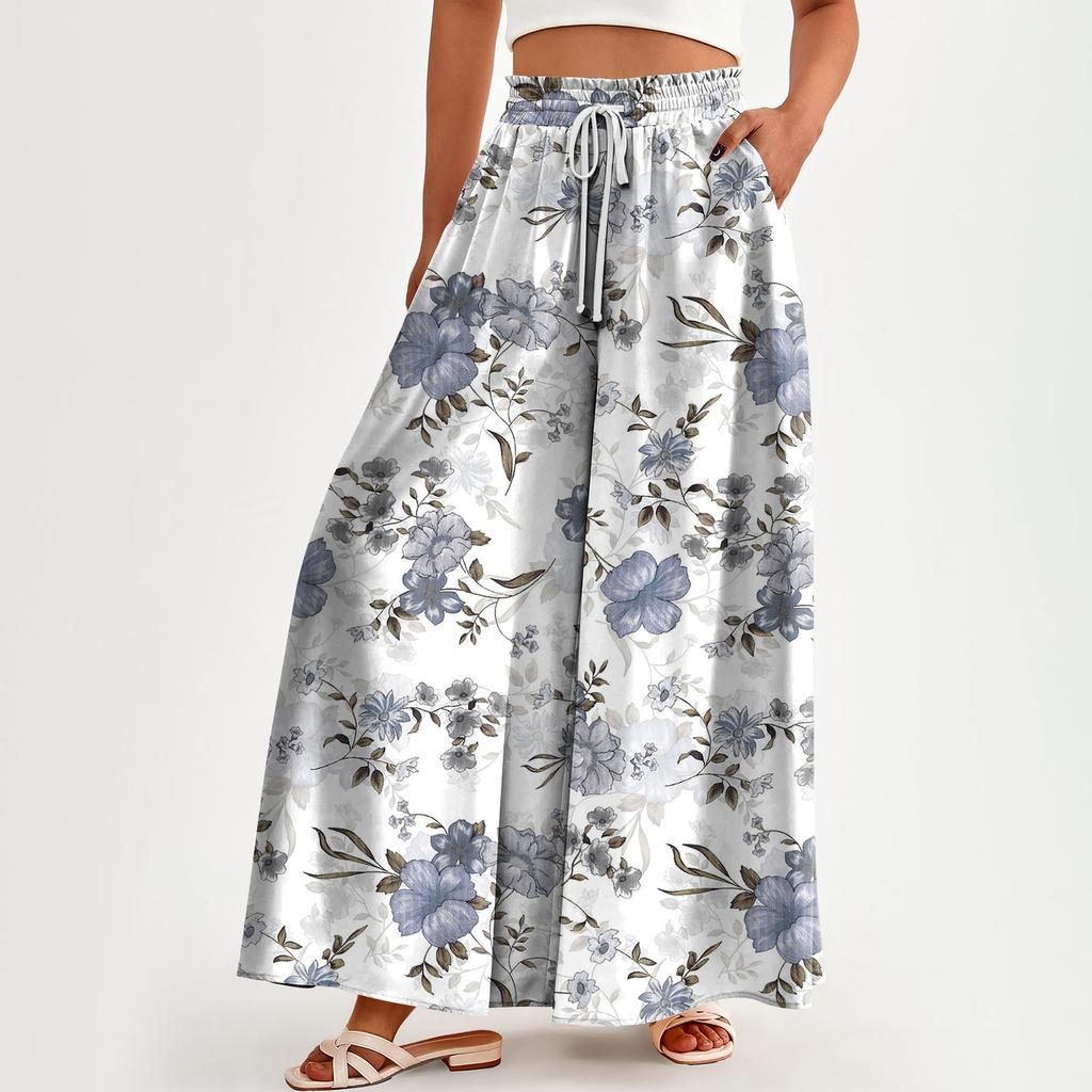 Женские брюки с высокой талией, широкие, повседневные, струящиеся брюки-палаццо, брюки с цветочным принтом и карманом