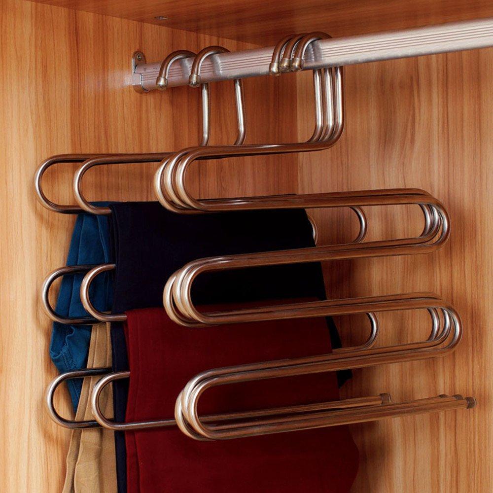 5 Layer Stainless Steel Pants Hanger S Shape Non Slip Multi Layer Closet Organizer Space Saving Jeans Trousers Rack