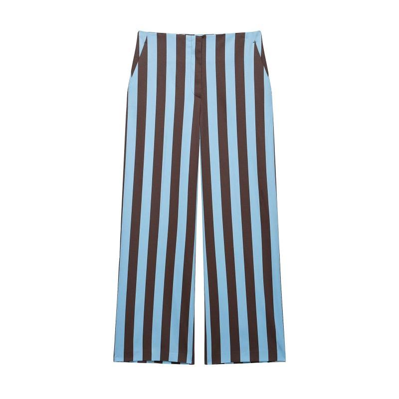 Womens Striped Knotted Crop Top Straight Leg Pants Set Casual Outfit Retro Chic Two Piece Ensemble