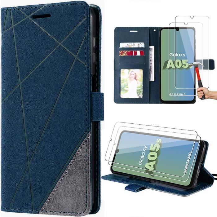Case for Samsung Galaxy A05s - BOOLING - Semi-rigid - Synthetic Leather - Flap - Navy Blue with 2 Tempered Glasses
