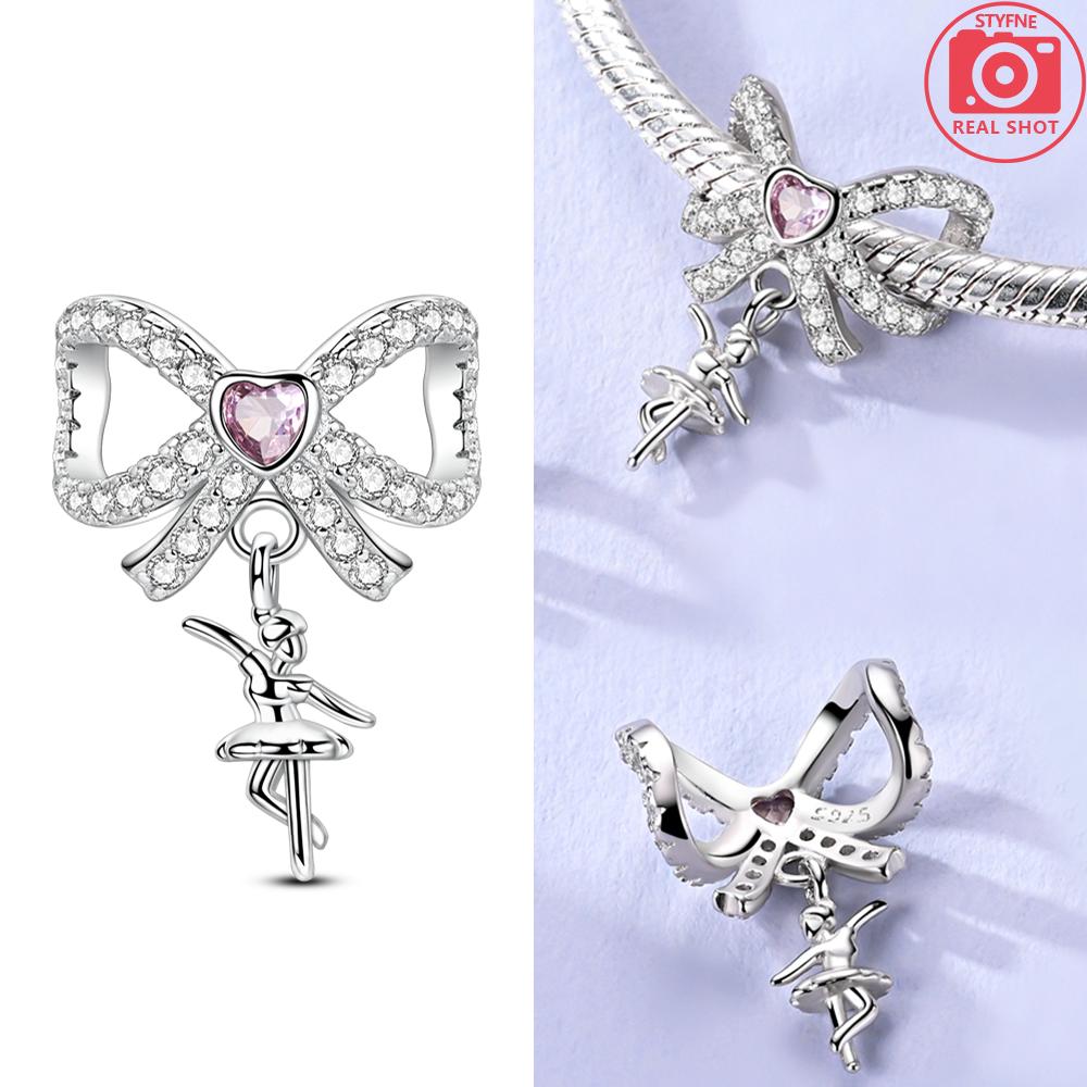 Copper Pendant Pink Ballet Girl Bow Charms Beads Fit Original Bracelet Necklace Jewelry Making For Women Diy