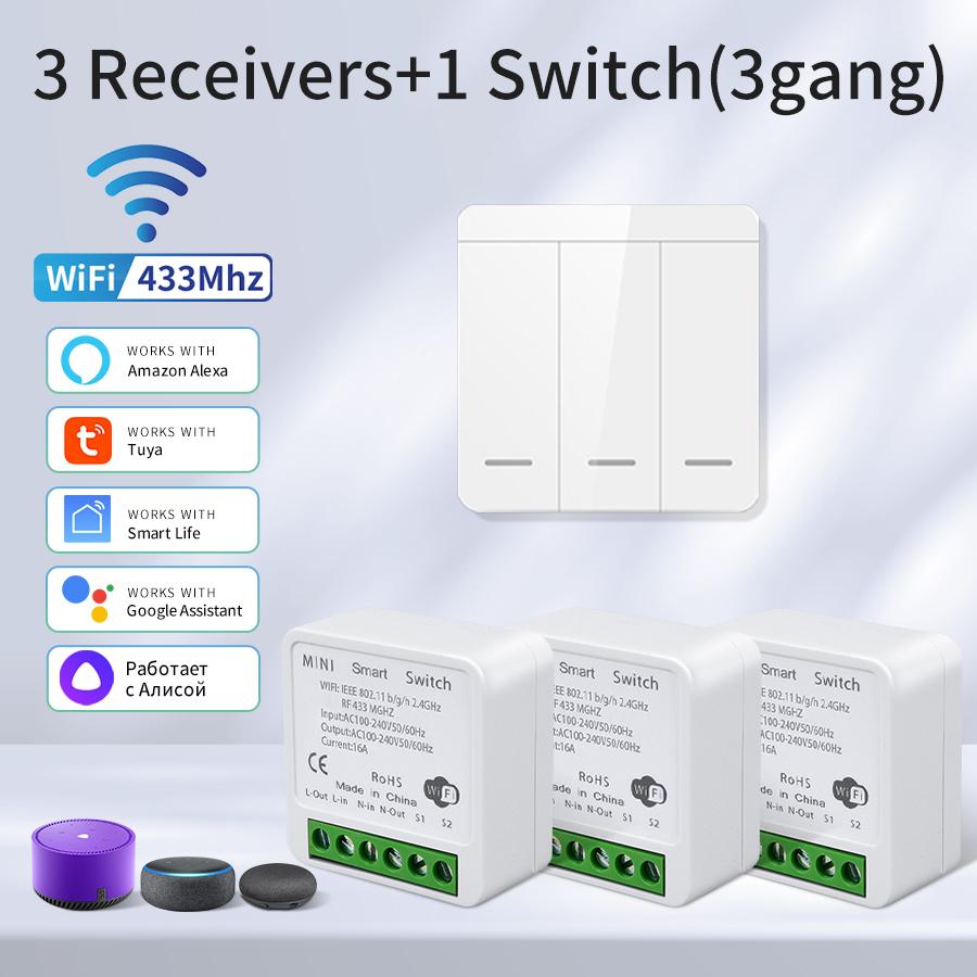 Умный переключатель Tuya WiFi 433 МГц Реле Приемник Беспроводной 1/2/3 клавиши 86 Настенная панель Переключатель Управление через приложение Работает с Alexa Google Home