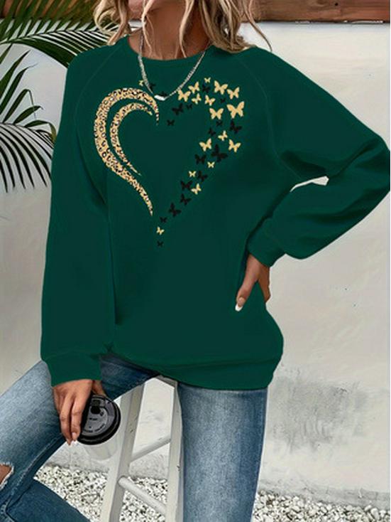 Женская толстовка с принтом «Сердце и Бабочка» - Многоцветная, с круглым вырезом, с длинным рукавом, повседневный универсальный топ.
