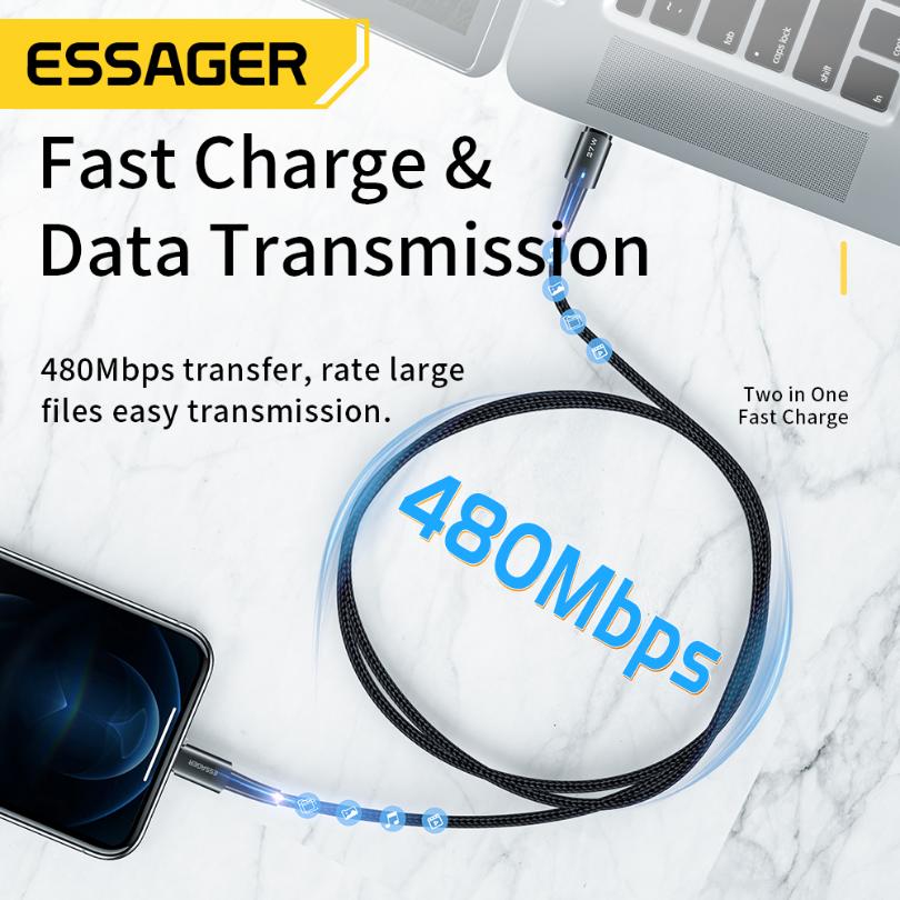 Essager Кабель USB C для IPhone 14, 13, 12, 11 Pro Max XS, 27 Вт, кабель для быстрой зарядки типа C с проводом даты освещения для iPad Macbook