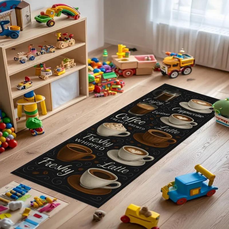 Professional Coffee Menu Kitchen Rug Non-Slip Mat Featuring Espresso Latte & Cappuccino Prints on Black Ideal for Home Floor