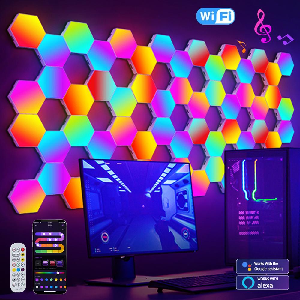 RGB интеллектуальный шестиугольный настенный светильник, меняющий цвет, окружающий ночник DYI, форма, музыкальный ритм, управление через приложение для игровой комнаты, спальни