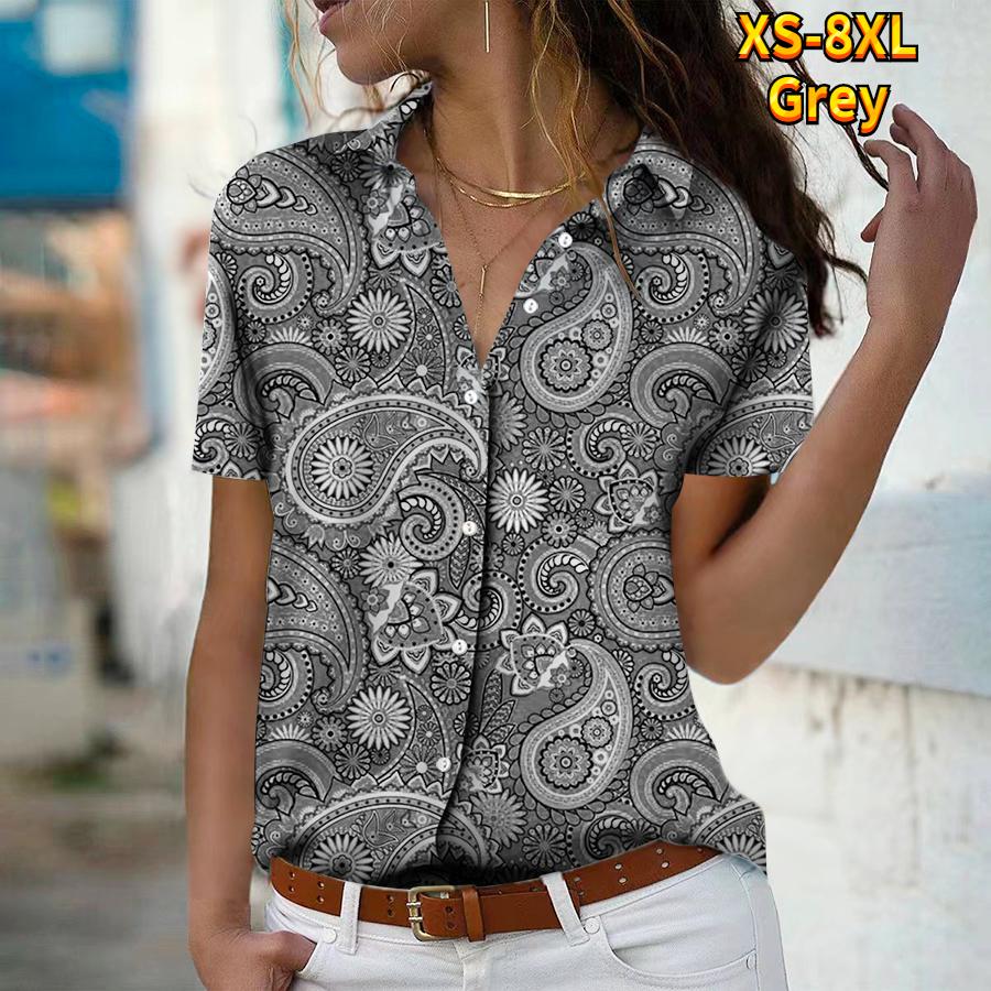 Лето 2025 Новая Мода Женская Рубашка Топ с Коротким Рукавом, V-образным Вырезом, Пуговицами, в Стиле Ретро с Принтом