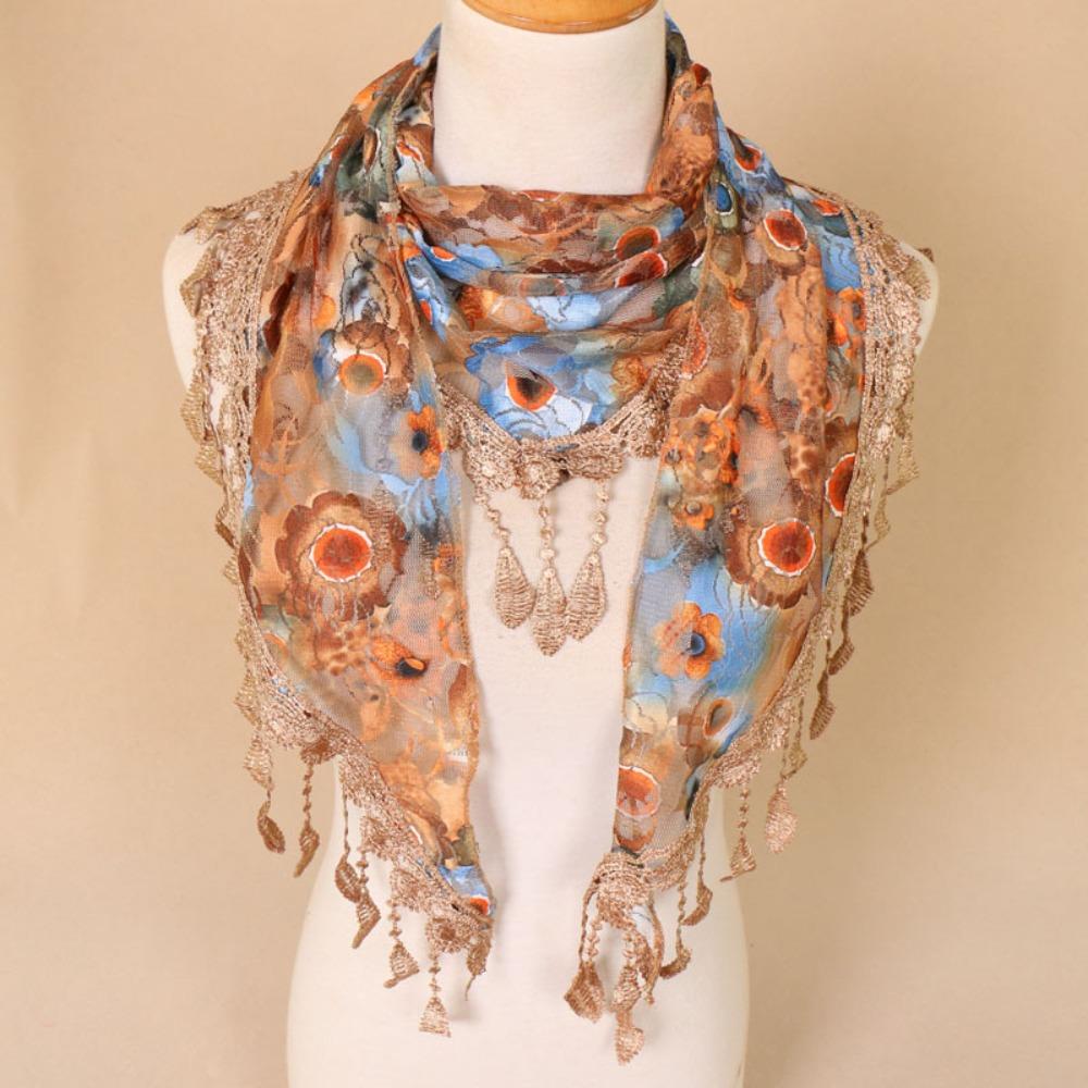 Colorful Lace Scarf with Tassel Flower Triangle Headband Sweet Printed Wraps Seaside