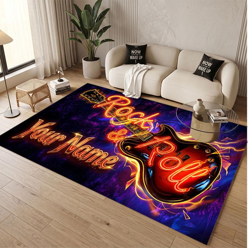 Music Guitar Theme Soft Crystal Velvet Rug Custom Name & Text Print Non Slip Floor Rug for Bedroom Living Room