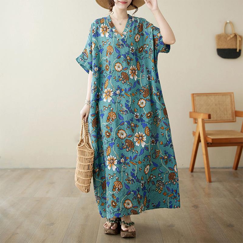 Летнее женское пляжное платье больших размеров из хлопка и льна с принтом и V-образным вырезом, свободное, простое, в стиле отпуска, длинное платье