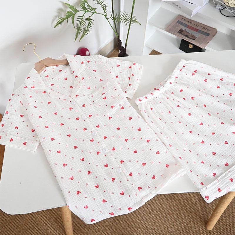 Женский летний пижамный комплект из чистого хлопка - Милый, Дышащий, с коротким рукавом и шортами
