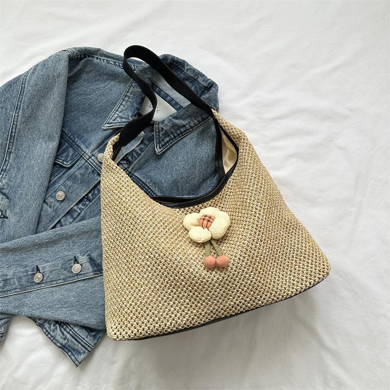 2024 Летняя цветочная плетеная сумка через плечо: Большая вместимость, элегантная сумка-тоут для женщин