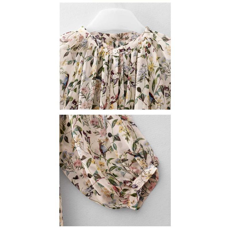 Весна-лето V-образный вырез Цветочная рубашка Женская Дизайн Sense Temperament Длинные рукава Солнцезащитный Топ Блузки Рубашки