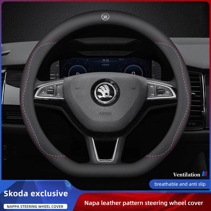 gaxjz5 Car Leather Steering Wheel Cover Anti-slip Accessories For Skoda Yeti Kamiq Kodiaq Karoq Octavia Fabia Rapid Vrs Superb A4 Scala