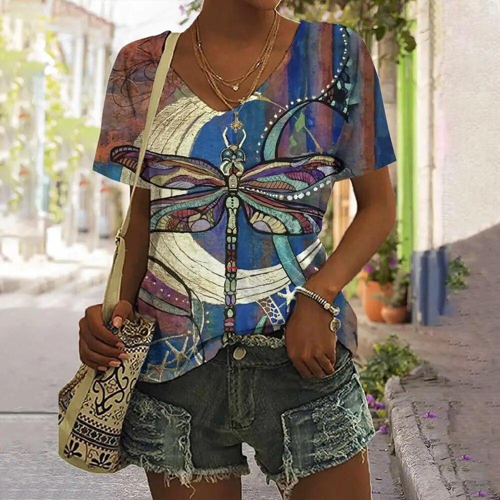 Женская футболка с принтом стрекозы, топы, одежда в стиле Харадзюку для женщин, летние повседневные футболки с v-образным вырезом и короткими рукавами, женский модный пуловер