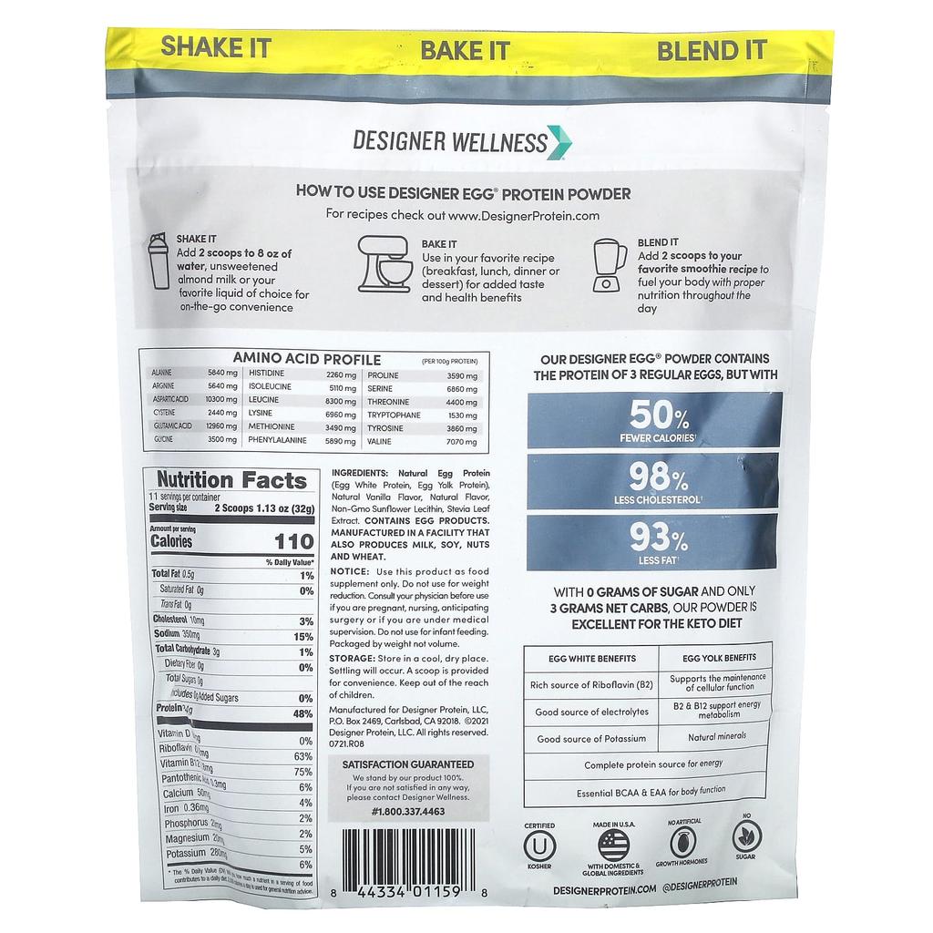 Designer Wellness Дизайнерское Яйцо, Многофункциональный Протеиновый Порошок из Цельного Яйца, Классическая Ваниль, 352 г (12,4 унции)