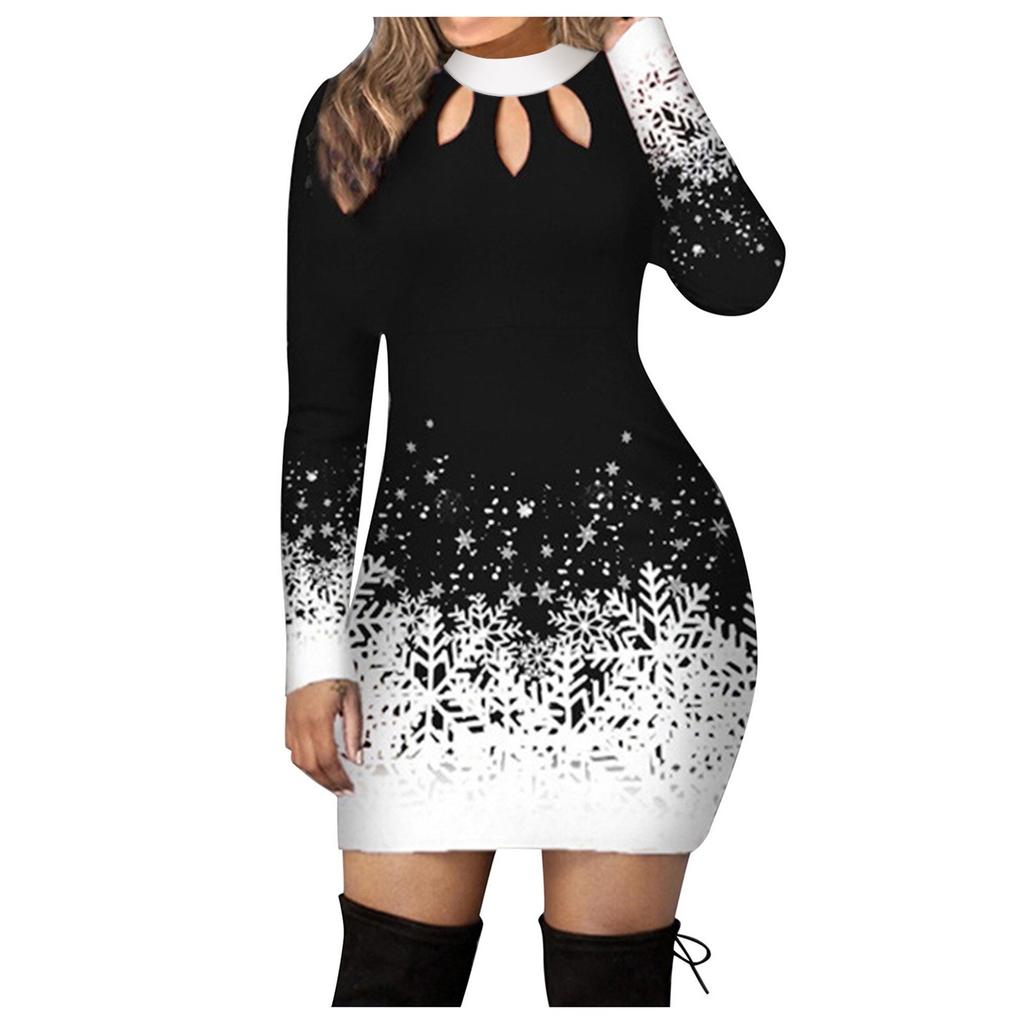 Women's Christmas Party Fashion Cut-out Crewneck Print Long-sleeved Dress