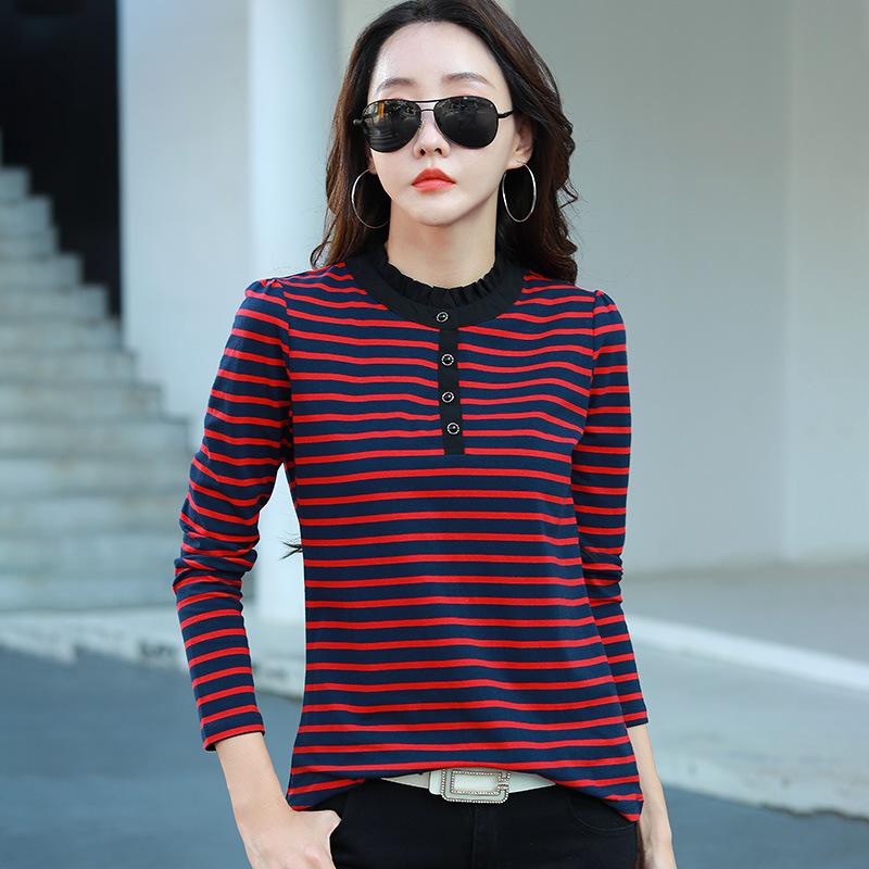 Полосатая футболка для женщин, с длинным рукавом, полуводолазка, хлопковые осенние повседневные женские футболки, свободные топы, женская одежда