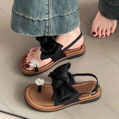 Праздничные женские летние сандалии с бантиком и стразами, на плоской подошве, повседневные, с перемычкой для пальцев, на мягкой подошве, для улицы, с задним ремешком