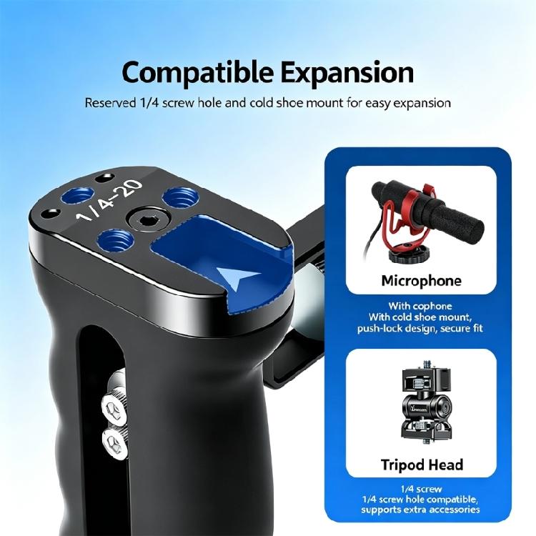 Camera Side Handle for Handheld Filming, Reversible Cage Mount with 1/4-20 Locating Pin and Contoured Grip for Gear Expansion and Side Support