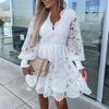 Women Dress Lace Hollow Out A-line Loose Hem V Neck Long Sleeve Solid Color Soft Double Layers High Waist Elastic Cuff Lady Knee Length Midi Dress