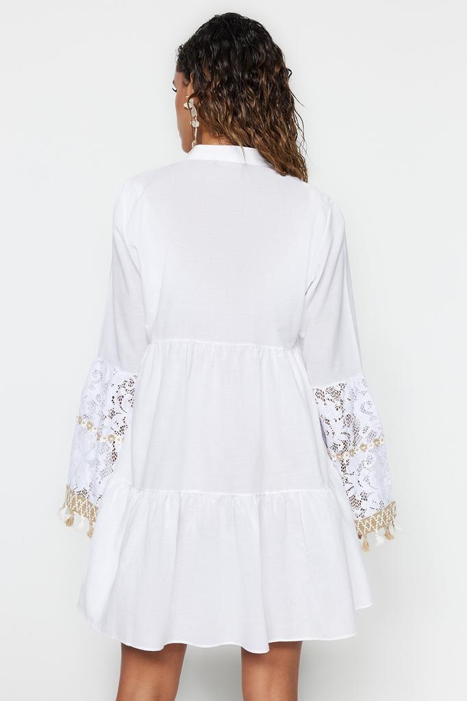 Women's Fashion New Dress White Mini Woven Embroidered 100% Cotton Beach Dress