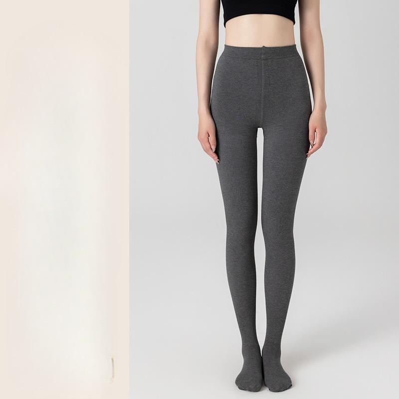 Spring Autumn Winter Women's Gray Vertical Stripe Fleece Lined Thick Warm Outer Wear Pantyhose & Black Compression Slimming Leggings