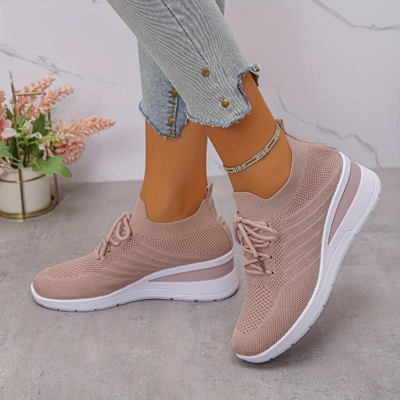 Pair of Women'S Low-Top Sneakers - Breathable Knit Fabric Upper, White & Gray Accents, Lace-Up Casual Shoes with Cushioned PVC Sole for All-Season