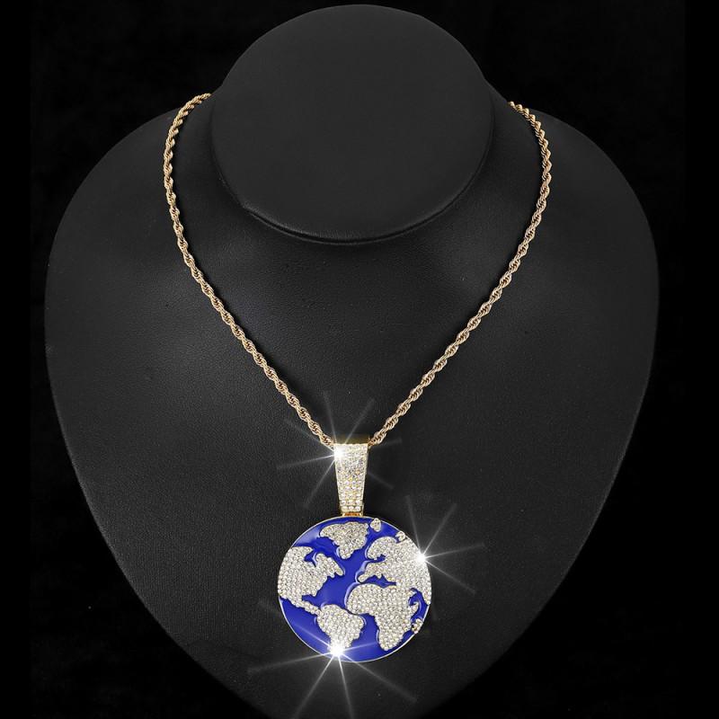 Hip Hop Earth Pendant With Full Rhinestone Inlay Alloy Necklace Men Cuban Chain Layering Style