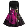 Halloween Print Flare Dress For Women Long Sleeve Dress Hollow Party Casual Dresses