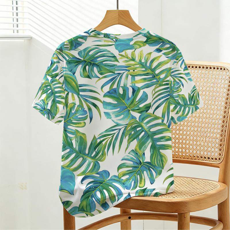 Women's Basic Short Sleeve Top Cotton Breathable Casual Tee with Tropical Plant Print, Ideal for Daily Outfits & Coffee Shop Visits.