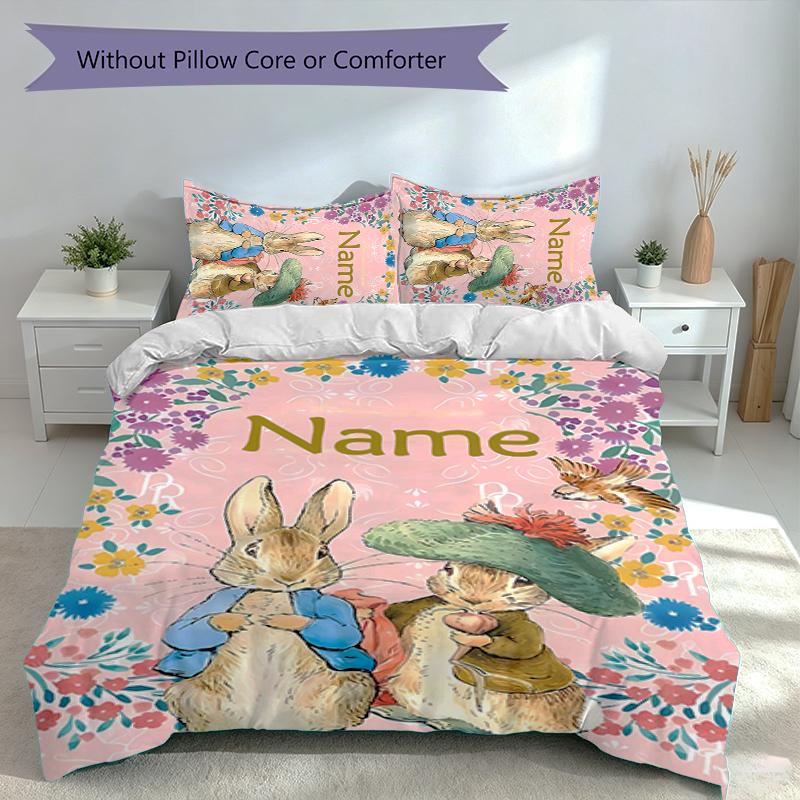 3pcs Custom Name Peter Rabbit Bedding Set,Includes 1 Duvet Cover and 2 Pillowcases,All-season Bedroom Decor