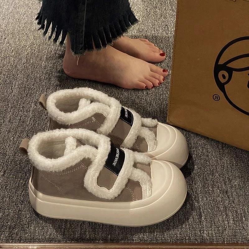 Хлопковая обувь женская осень и зима 2025 новая бархатная круглый носок платформа белая обувь на липучке обувь-буханка большеголовые парусиновые туфли