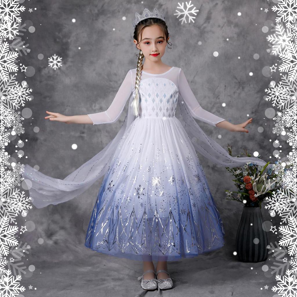 JIEAIRUI Frozen Elsa Dress, Kids' Princess Dress, Long Sleeve Dress, Halloween Costume, Girls' Costume, Party, Birthday Gift, Christmas Surprise,