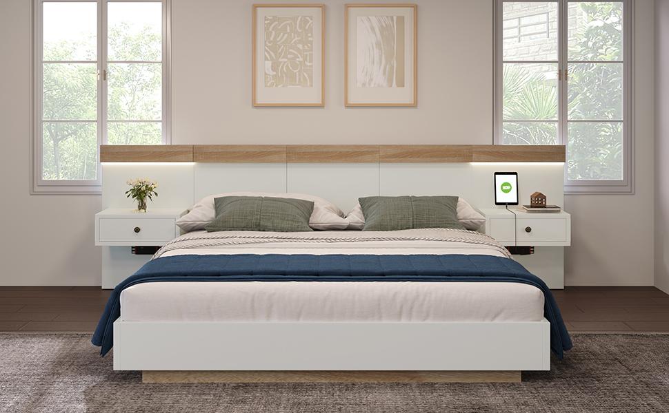Double Bed with 2 LED Night Chests & USB C Socket 160 x 200 cm Wooden Bed, Bedroom Set--205x264x90.5 cm(D/W/H) in Oak Sonoma/White(No Mattress)