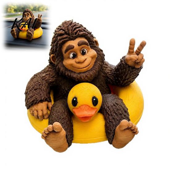 Sasquatch Resin Ornament And Duck Figurine, on Swimming Ring Statue, Lifelike Statue Funny Animal for Home Tabletop Shelf Decor Unique Display